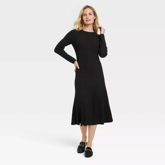 A NEW DAY BLACK L/S MIDI SWEATER RIBBED DRESS - Cashmere Feel- M - NWT - Flared - Picture 1 of 3